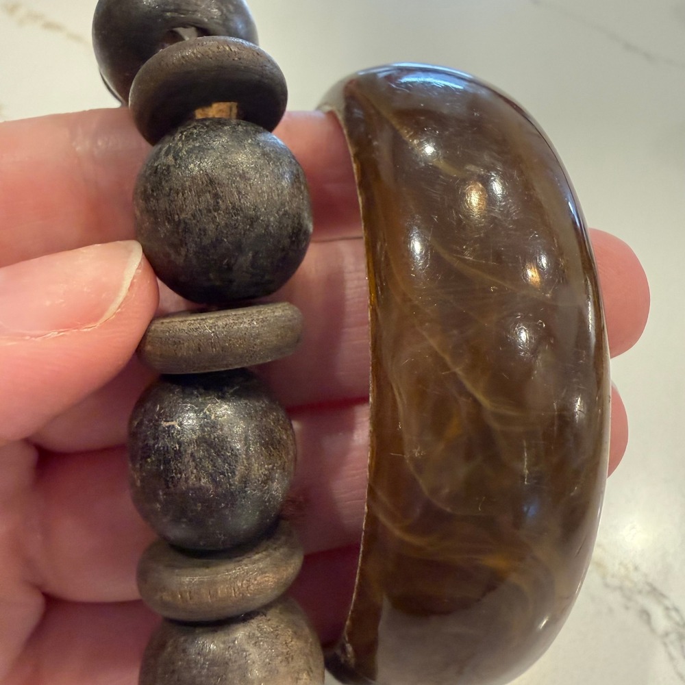 Boho Artisan Brown Resin Wood Look Chunky Bangle Stretch Bracelet Set